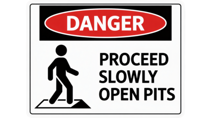 Danger proceed slowly, open pits safety warning sign caution advisory