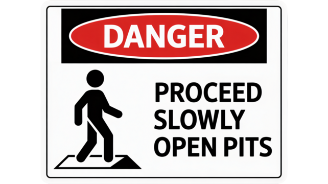 Danger proceed slowly, open pits safety warning sign caution advisory
