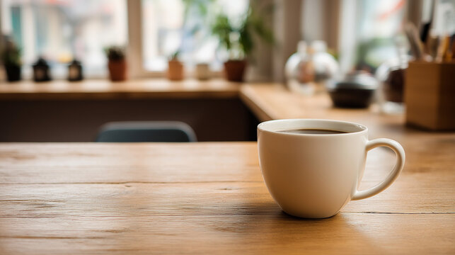 Minimalist wooden desk with coffee cup, a serene workspace for focused productivity