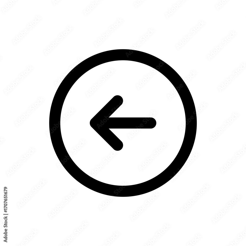 Poster black arrow pointing left inside a black circle outline on a white background in a simple vector gra