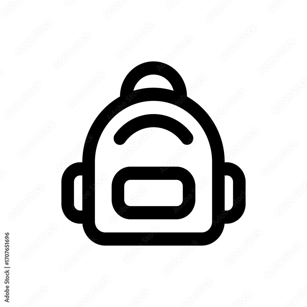 Poster illustration of a simple black and white backpack with rounded edges and a handle on the top side vi