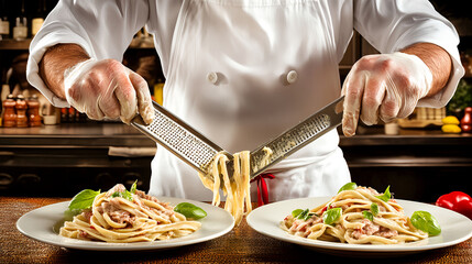 Chef preparing fresh pasta dishes italian restaurant culinary art kitchen close-up gastronomy experience