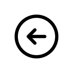 Black arrow pointing left inside a black circle outline on a white background in a simple vector graphic style