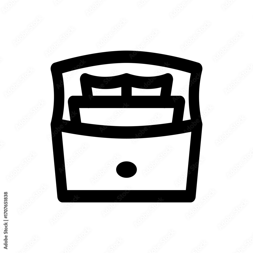Poster illustration of a simple black and white handbag with a flap and a button closure in a minimalist st