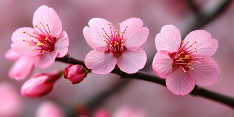 Obraz premium Stunning Soft Petaled Pink Cherry Blossom Branch with Blossoms and Buds Against a Blurry Background