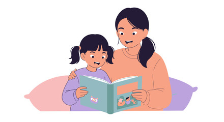 An illustration of a mother and her young daughter reading a storybook together, enjoying quality family time and bonding.