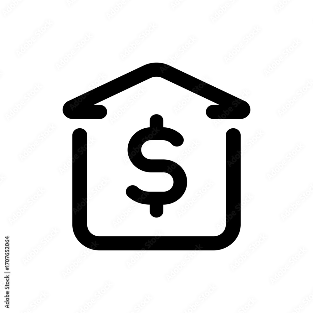 Poster a simple black outline icon of a house shape containing a dollar sign in the center of the structure