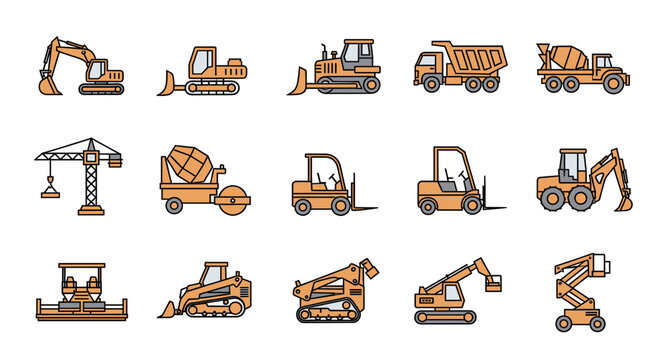 A collection of various construction vehicles and heavy machinery, depicted in a flat, illustrative style with an orange color scheme.