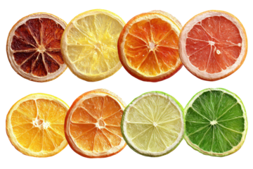 Dried citrus fruit wheel slices of grapefruit, orange, lemon, lime PNG set, cutout isolated on transparent background. Cocktail garnish decoration graphic resource