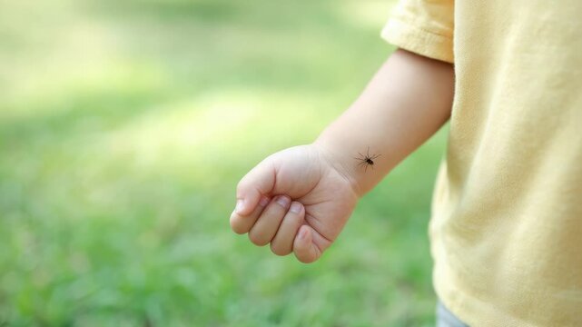 Mosquito perching on child's skin, piercing flesh during outdoor play, highlighting health risks and need for protective measures against insect transmitted infections