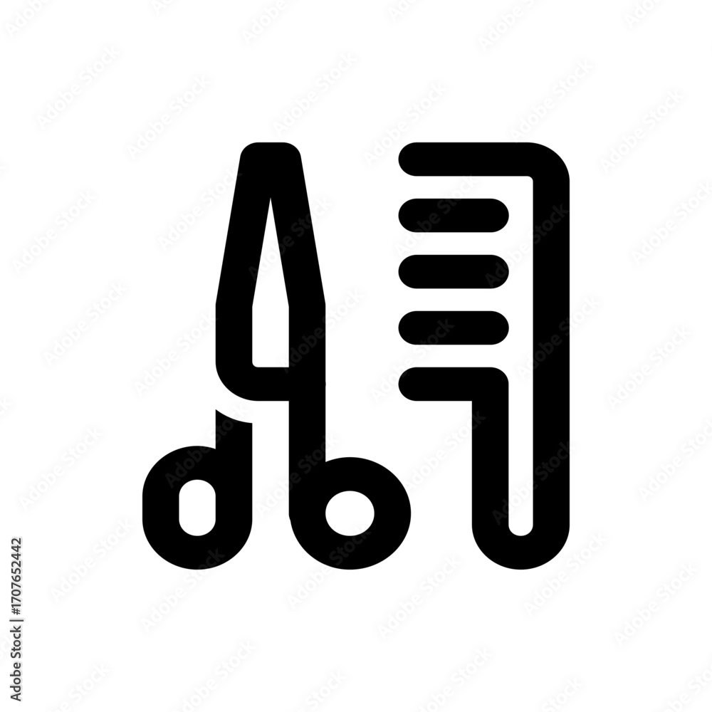 Poster illustration of a black comb and scissors with rounded edges isolated on a white background in a sim