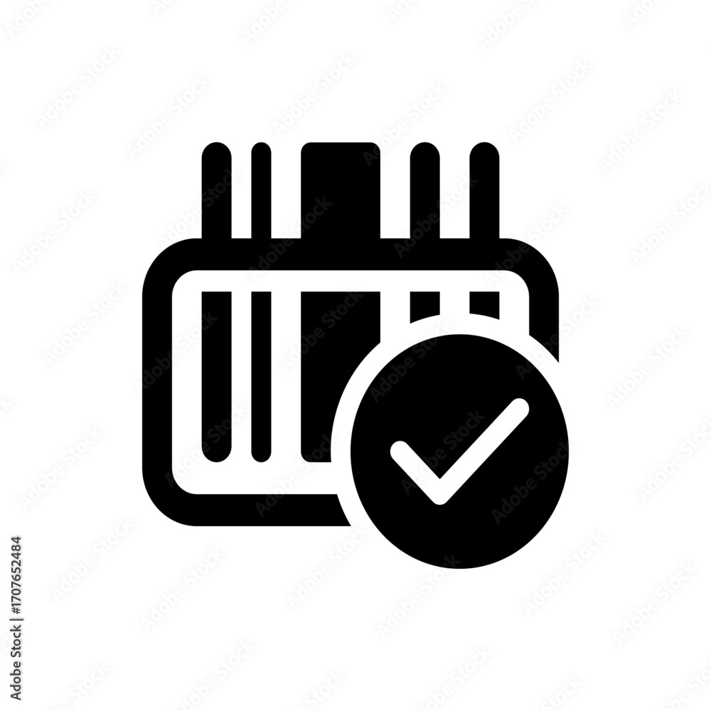 Poster Black calendar icon with rounded corners and a check mark inside a circle on the right side of the calendar