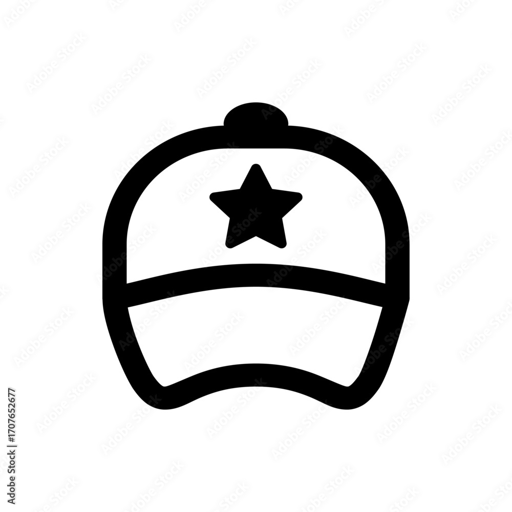 Poster illustration of a black baseball cap with a star on the front and a button on top in a simple outlin