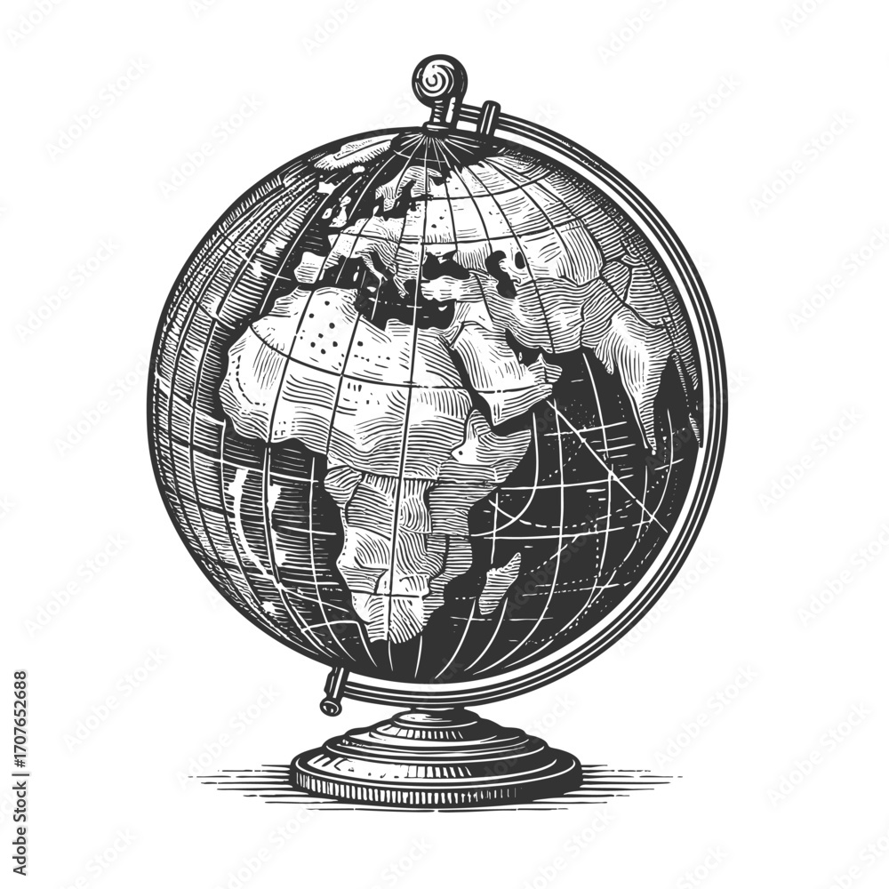 Poster classic world globe on a stand, highlighting continents and geography in retro style sketch engravin
