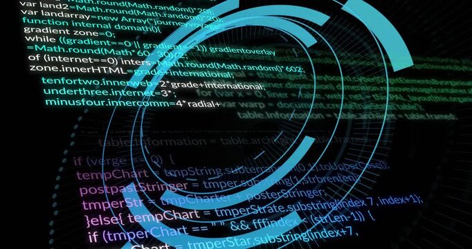 Scrolling code screen starting circular HUD graphic fading in, rotating and pulsing with data
