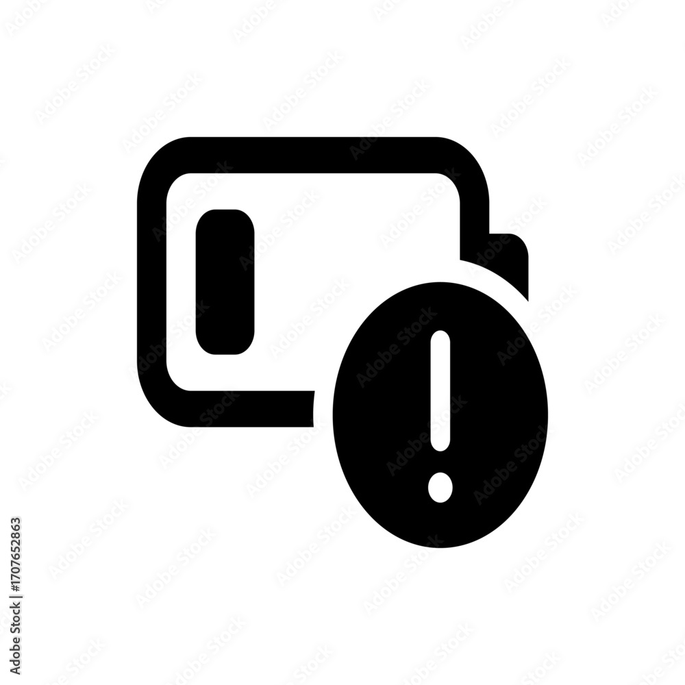 Poster battery icon with low charge indicator and exclamation mark in a warning circle in solid black color