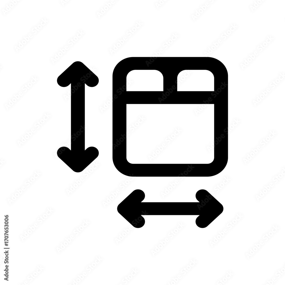 Poster icon depicting a bed with vertical and horizontal arrows indicating adjustable dimensions or resizin