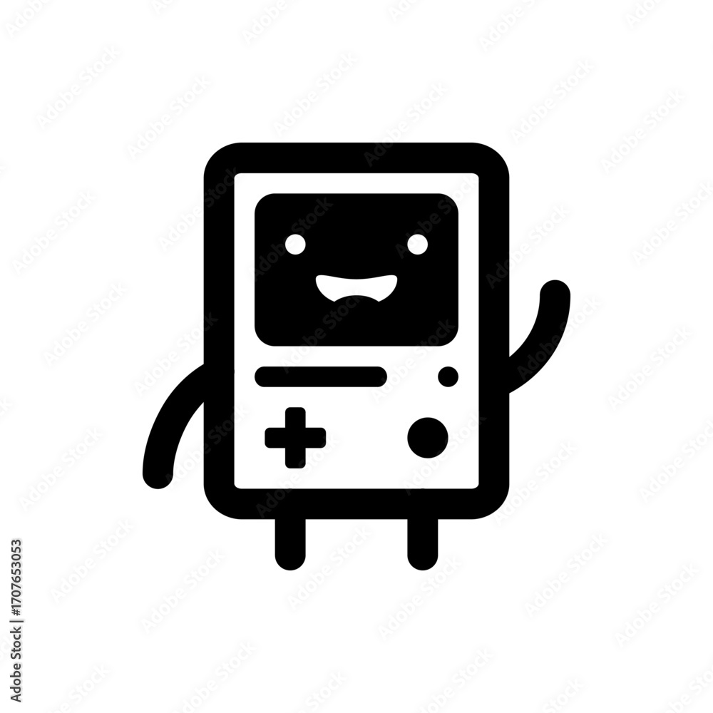 Poster illustration of a friendly black and white game console character with a smiling face and waving arm