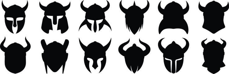 Front-Facing Viking Helmet Silhouettes, Norse Warrior Helmets Vector Icons, Horned Helmet Graphic Set