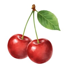 Realistic Watercolor Cherries with Stems and Leaf, Hand Painted Red Fruit Illustration for Summer Harvest, Organic Food, Botanical Artwork and Healthy Eating Clipart