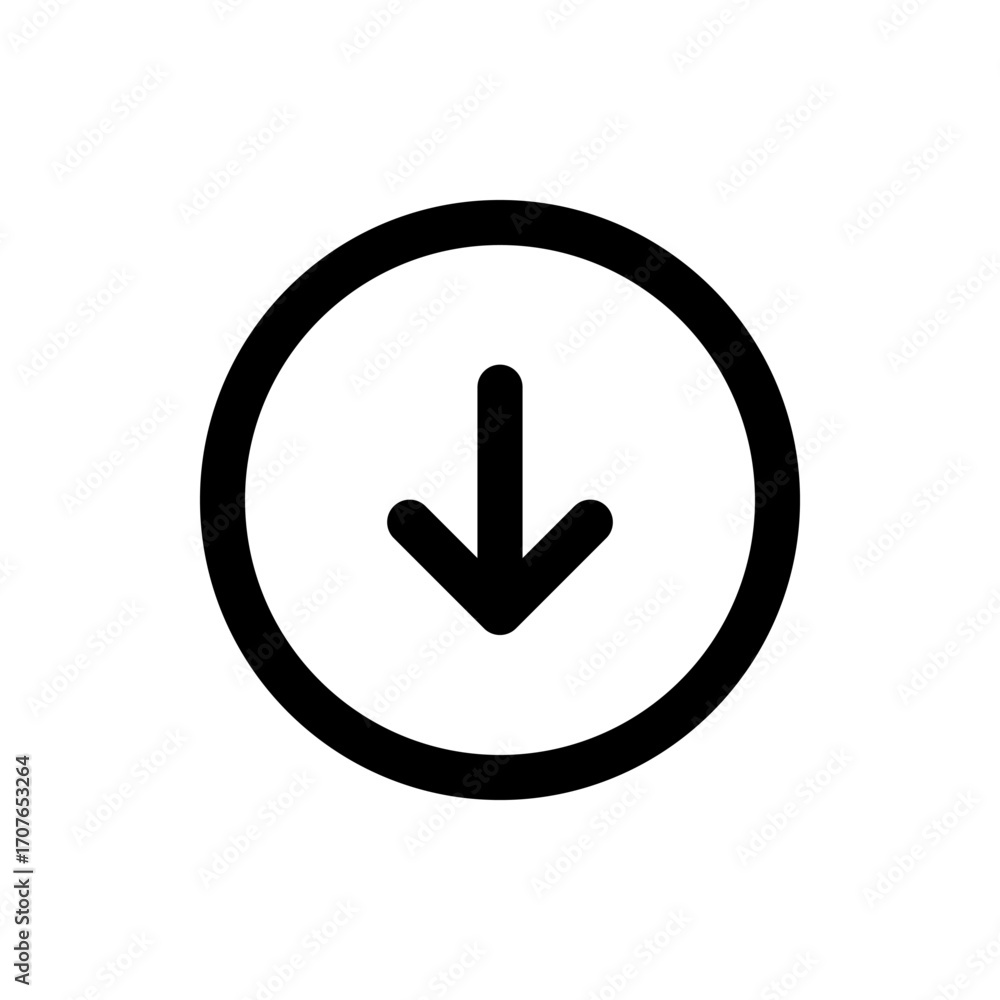 Poster black outline of a circle containing a downward pointing arrow in the center on a white background p