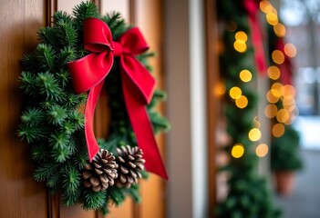 A Christmas wreath with red ribbons and pine cones on a wooden door, bokeh lights in the background