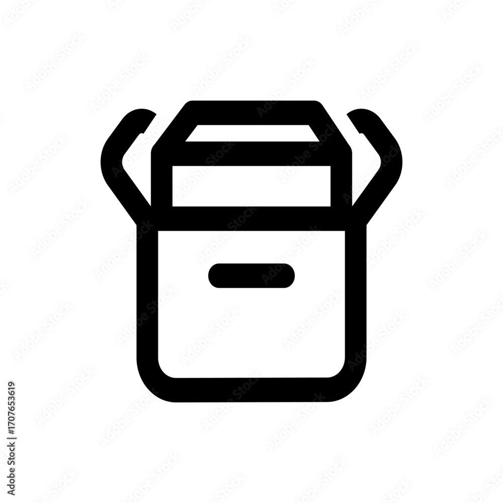 Poster illustration of a simple black and white box with handles and a horizontal line in the center design