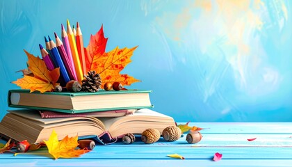 Colorful pencils and autumn leaves sitting on books, on a blue wooden table with a vibrant blue background