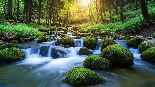 Serene Mountain Stream with Cascading Rapids and Sunlight Filtering Through Lush Green Forest Canopy