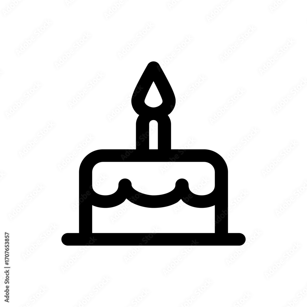 Poster illustration of a single layer cake with frosting and a single candle on top in a simple black outli