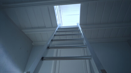 Obraz premium Straight-on view of a ladder leaning against the ceiling with bright light shining through