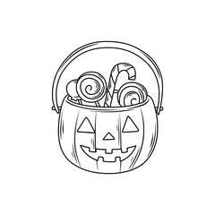 Halloween Pumpkin Basket Filled with Candy Treats. Thin Line Illustration.