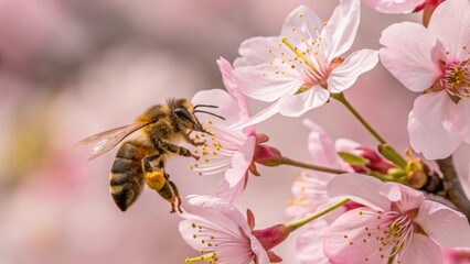 Fototapeta premium Bees and Blossom: A close-up shot of a bee collecting pollen from delicate pink cherry blossoms, capturing a moment of natural beauty and the essential role of pollination.