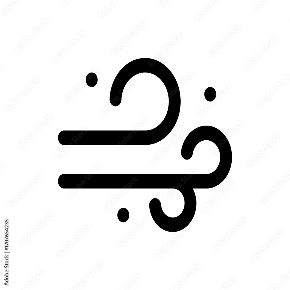 Poster illustration of wind blowing with curved lines and small circular dots in a simple black and white d