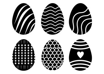 A set of six black and white vector icons of eggs. Each egg is decorated with a different pattern, including stripes, waves, stars, scales, and a heart.