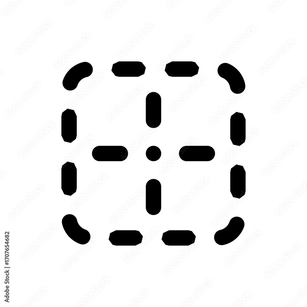 Aufkleber illustration of a square shape formed by rounded and polygonal elements with a central cross and dot