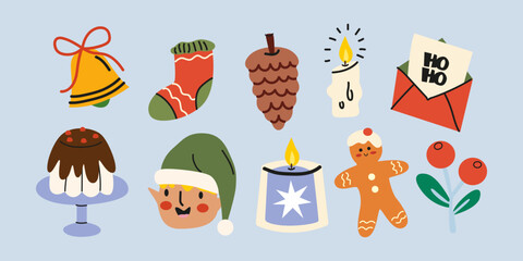 Festive New Year and Christmas elements, gingerbread, holiday sweets, candle, branches, socks, elf, pine cone, letter to Santa. Cute cartoon winter stickers. Vector retro holiday illustrations