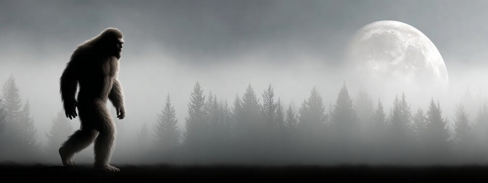Sasquatch walking through foggy forest under a bright full moon at night
