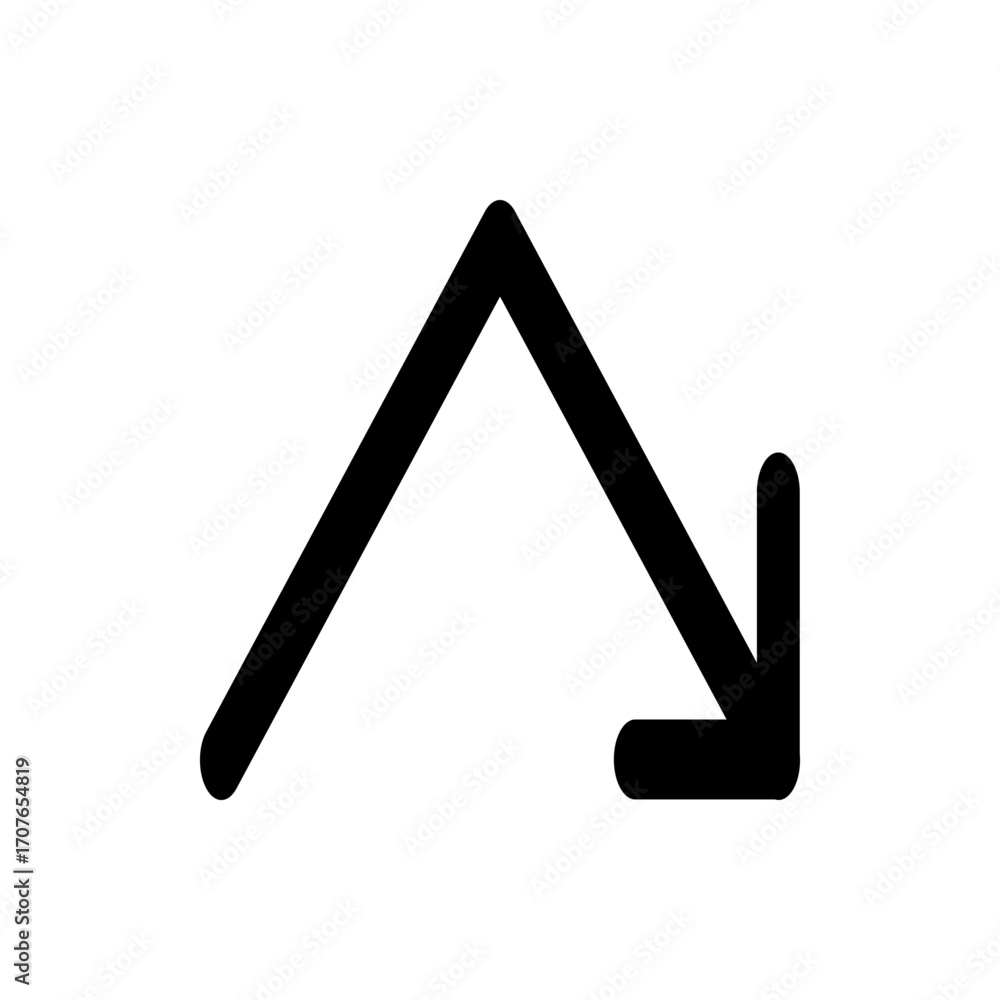 Poster black arrow pointing downwards with a sharp turn in a minimalistic style on a white background view