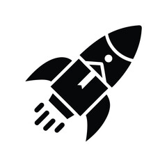Bold monochrome spaceship icon soars upward propelled by simple flame bursts