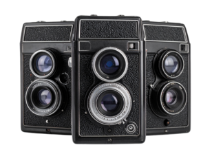  Collection of retro analog cameras in a studio composition isolated on transparent background PNG