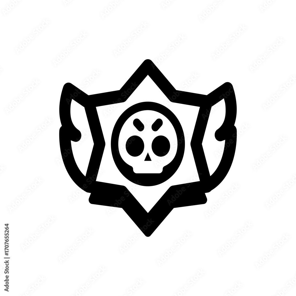 Poster black outline of a skull inside of a star with wing like shapes on the sides in a simple vector grap