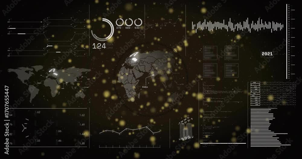 Poster on launch futuristic ui showing globe rotating, gauge rising, map highlighting areas showing trends