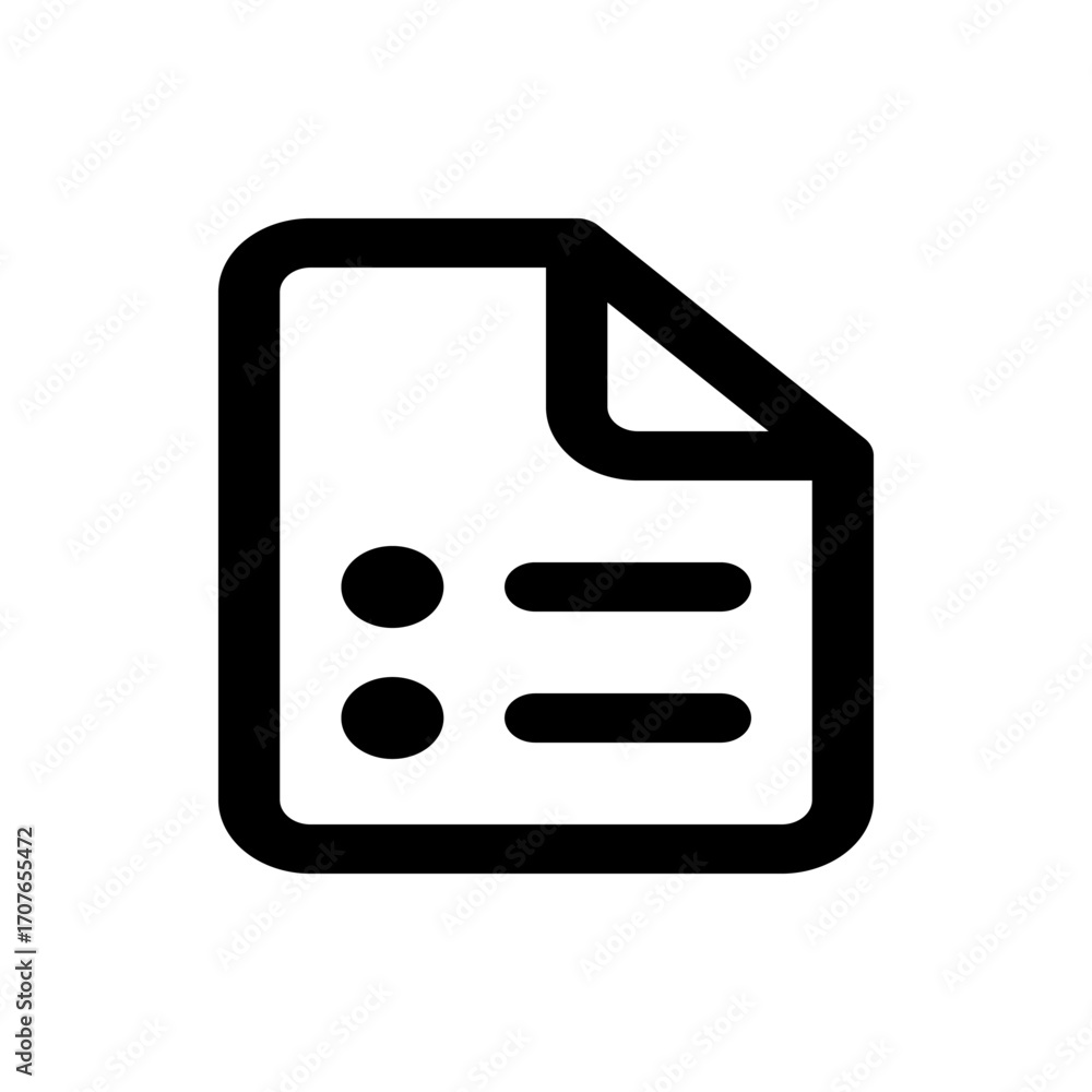 Poster black and white icon of a document with a folded corner and two bullet points and two lines on it ic