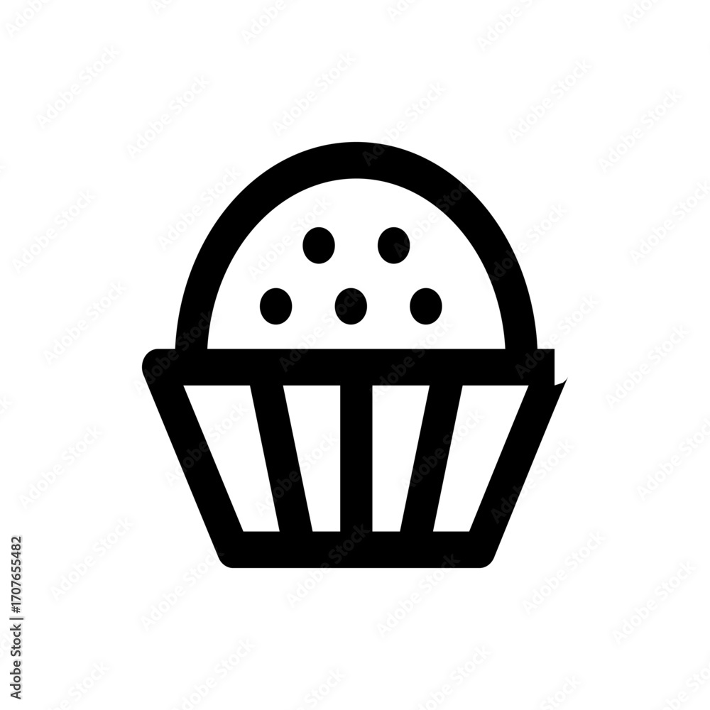 Poster a simple outline of a cupcake with six dots on top and a striped base in a minimalist black and whit