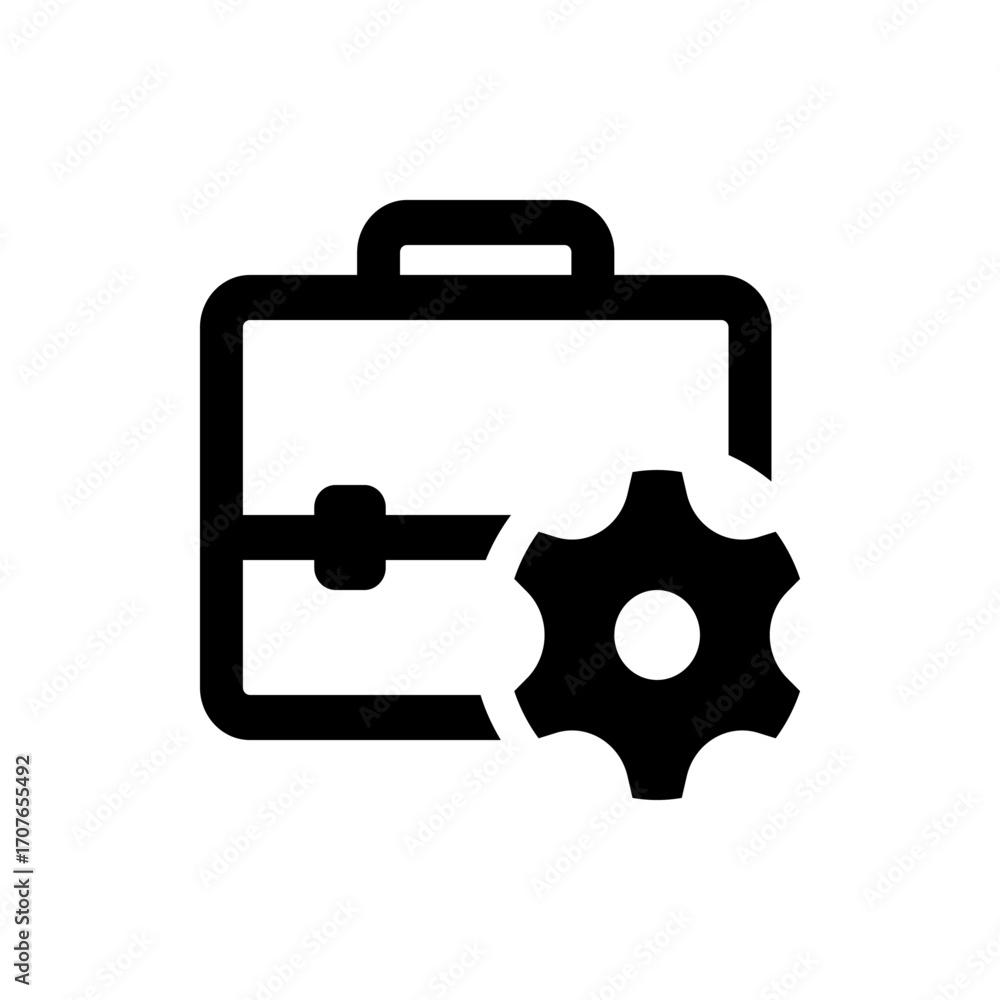 Poster a black and white icon showing a briefcase with a handle and a gear on the right side of the briefca