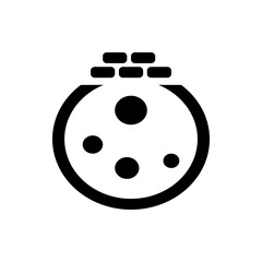 Illustration of a round object with three circles inside and a rectangular structure on top in black and white