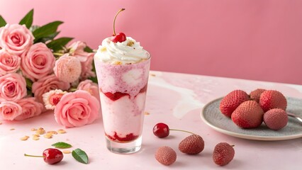 Elegant Lychee Rose Milkshake With A Floral Fruity Blend, Presented In Soft Creaminess Against A Delicate Pink Background For A Refreshing, Romantic, And Indulgent Dessert Drink