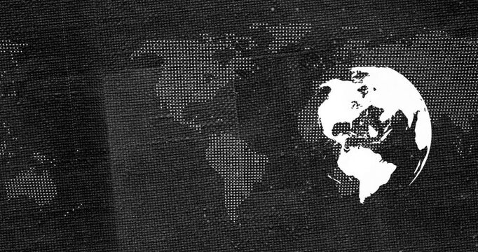 Stylized white globe appearing triggers rotating westward over dotted map for geographic reference