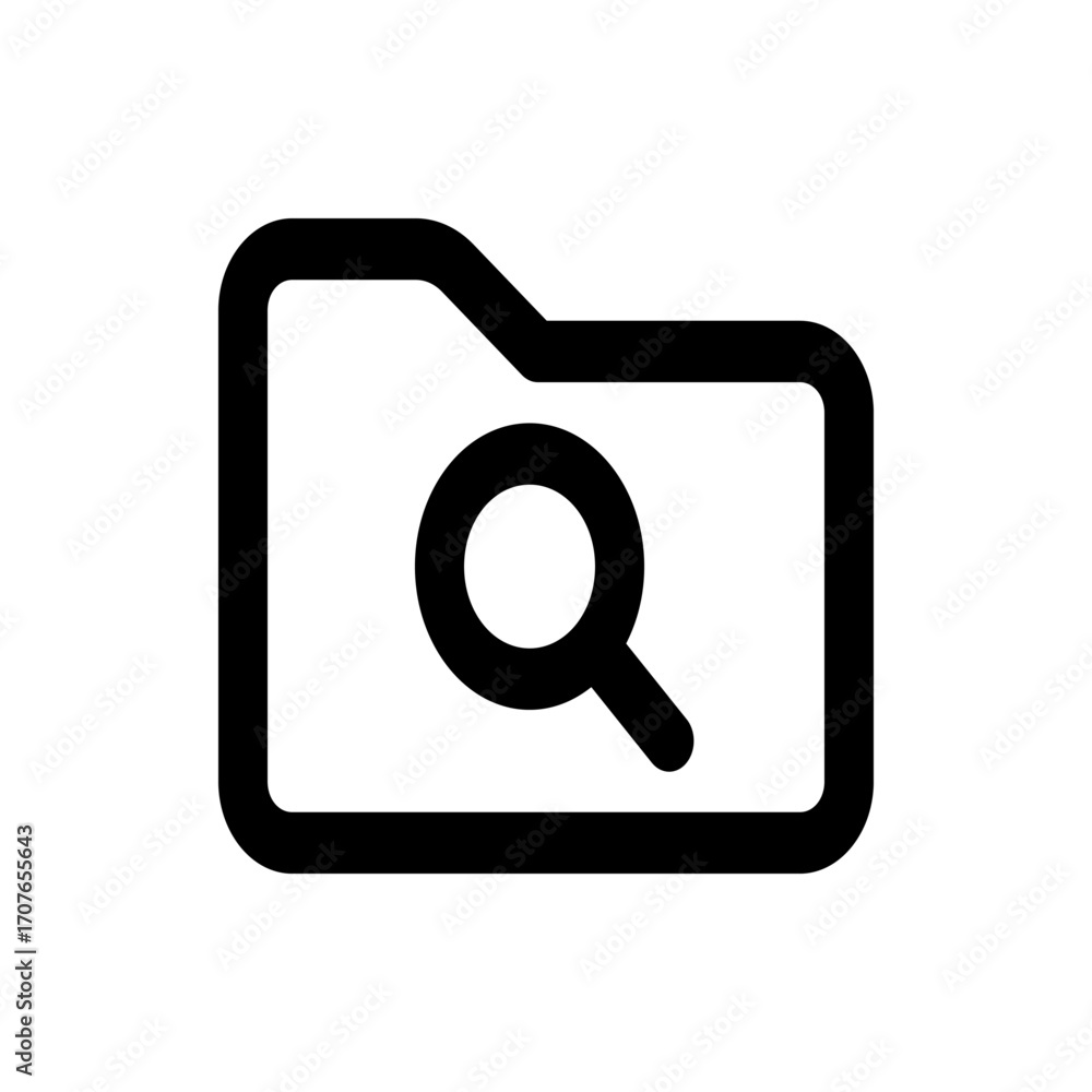Poster a black and white icon showing a folder with a magnifying glass inside representing search function 